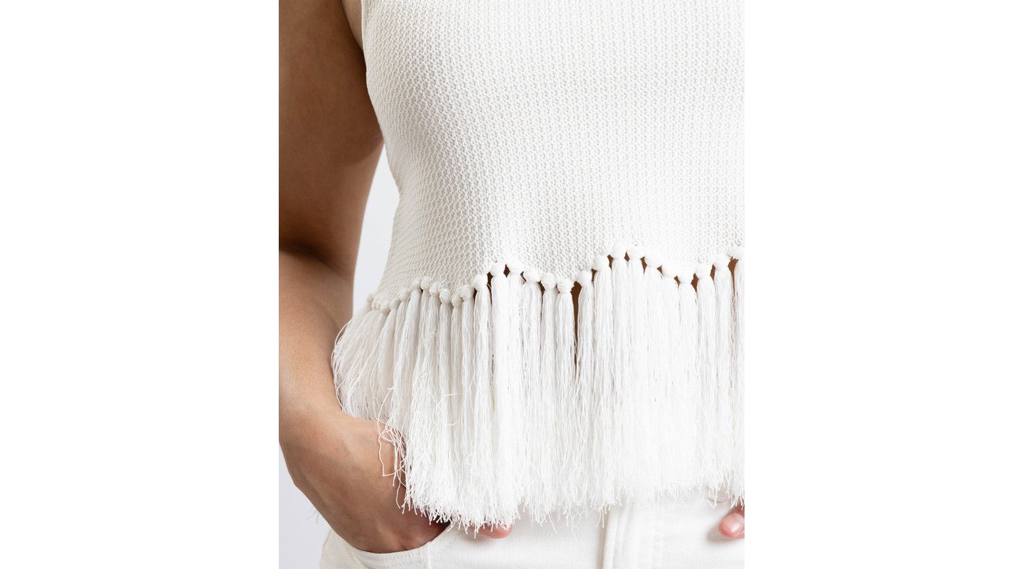 Женский топ Caldwell Collection Tanja Scoop Neck Fringe Peplum Sleeveless Knit, цвет: Белый — фото 7