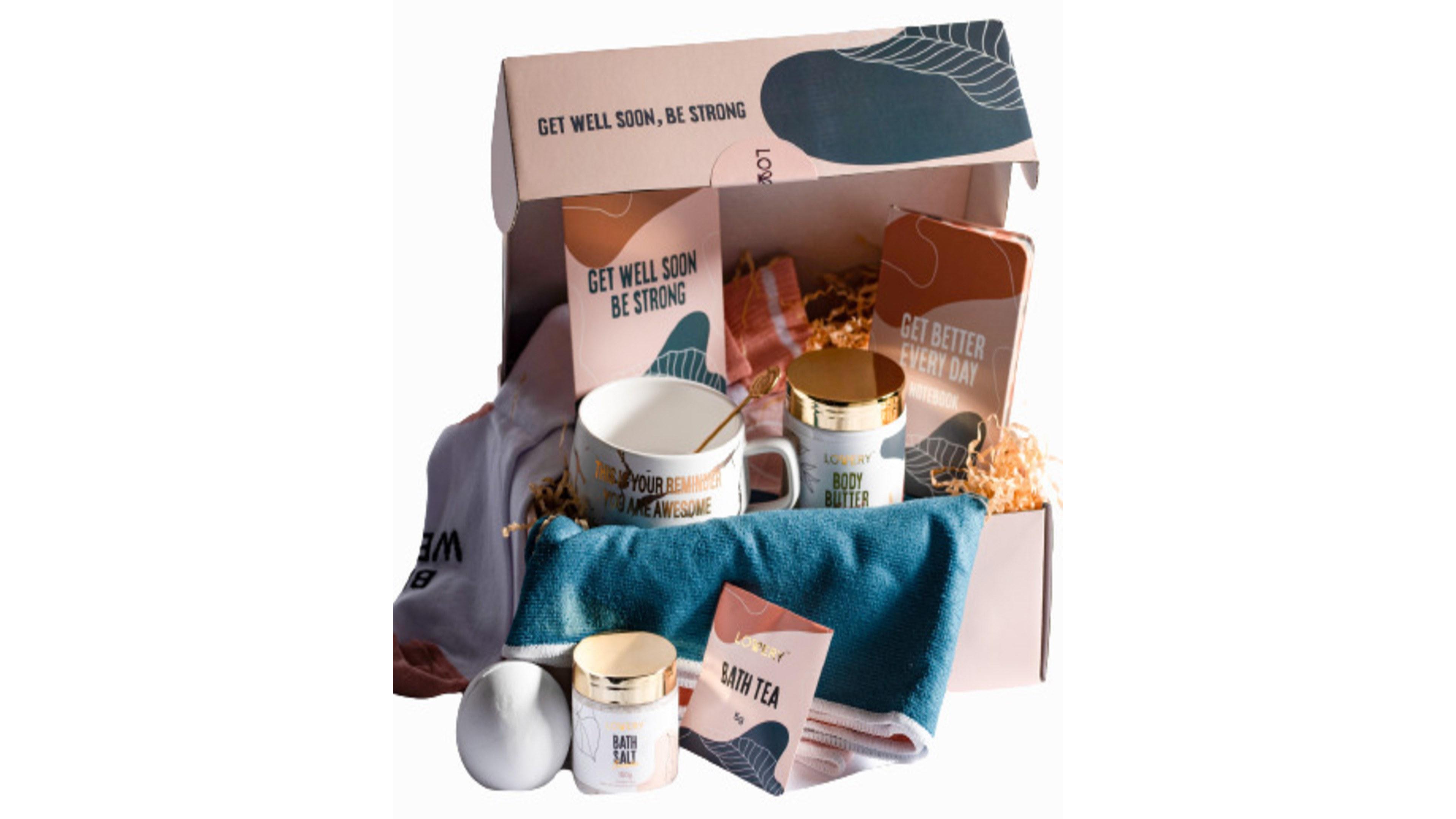 Lovery Care Package, Get Well Soon Gift Basket, Self Care Gifts, 13pc Sympathy Gift and Spa Kit, Body Care Gift Set