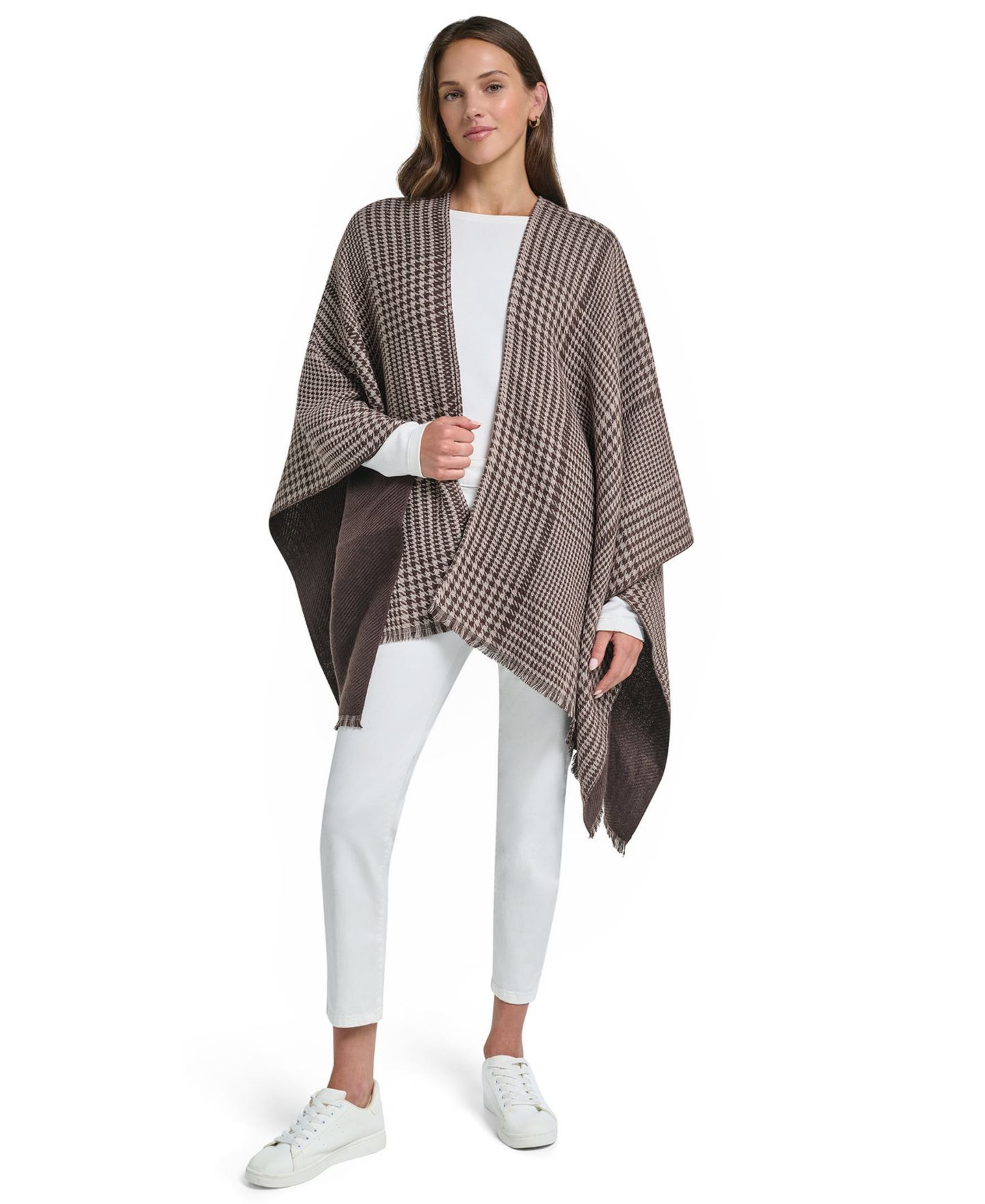 Женские аксессуары Calvin Klein Reversible Houndstooth Double Face Shawl Ruana, цвет: Fudge — фото 3