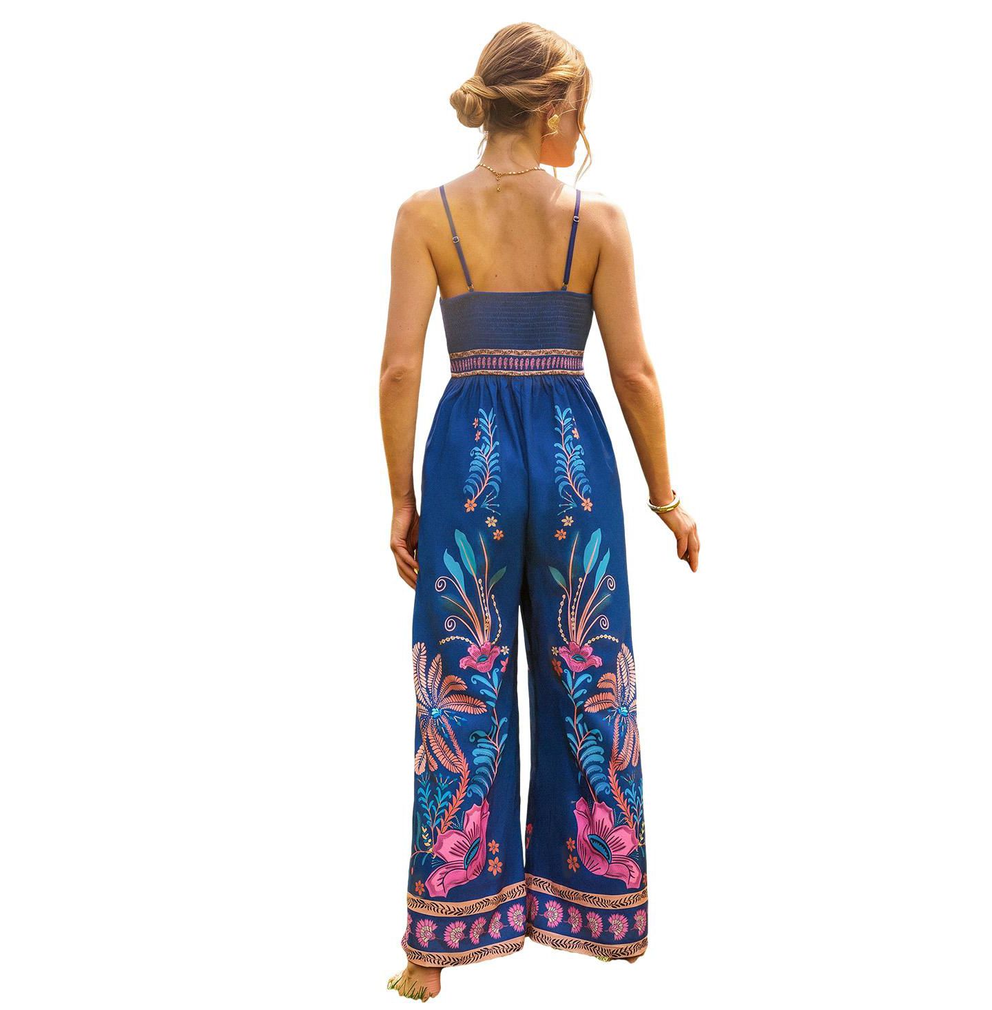 Женский комбинезон Cupshe Spaghetti Strap V-Neck Floral-Print Wide-Leg Jumpsuit, цвет: Средний синий — фото 3