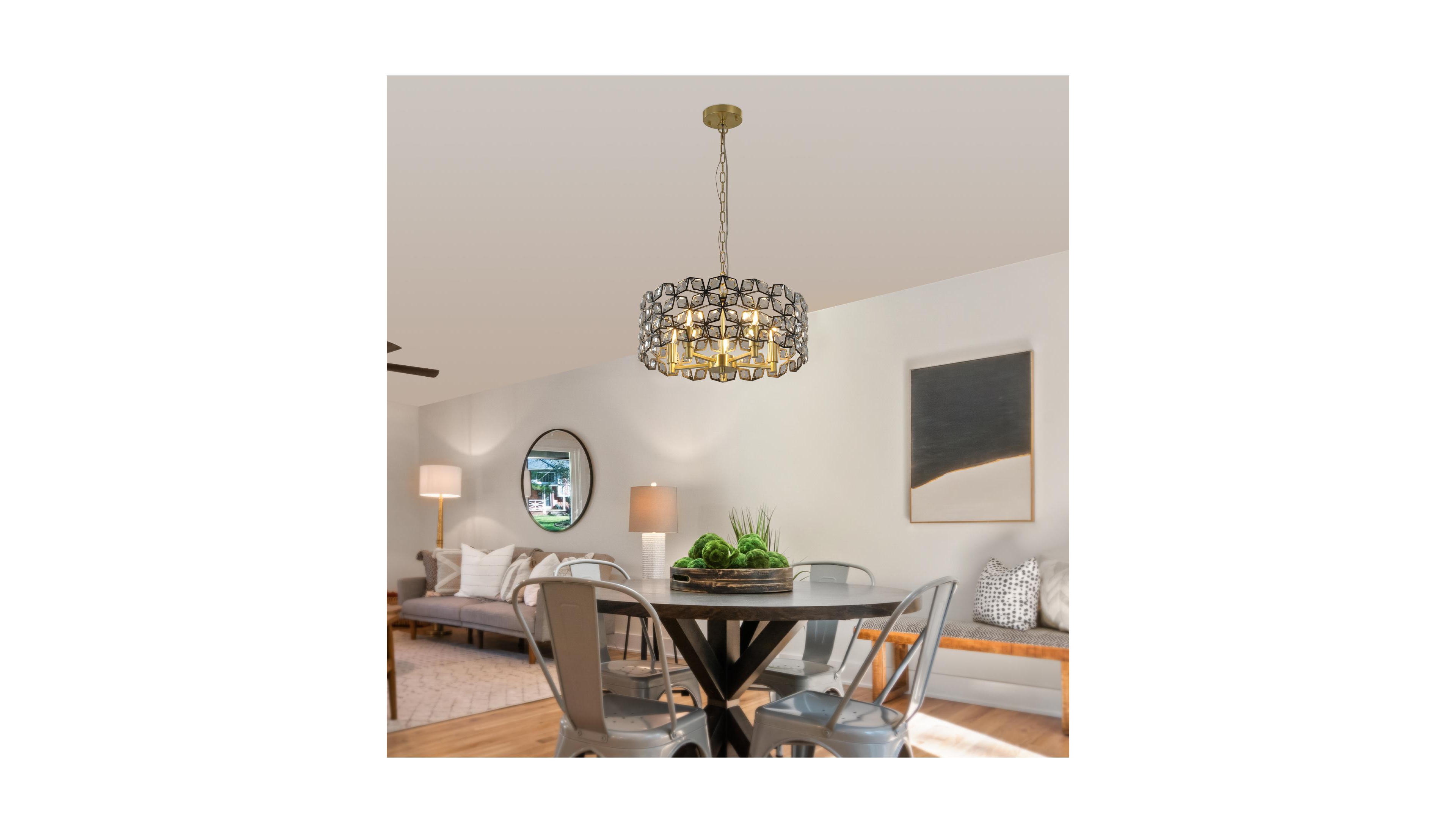 Clihome 19" Crystal Gold Pendant Chandelier, Geometric Modern 5-Light Fixture (Bulb Not Included)