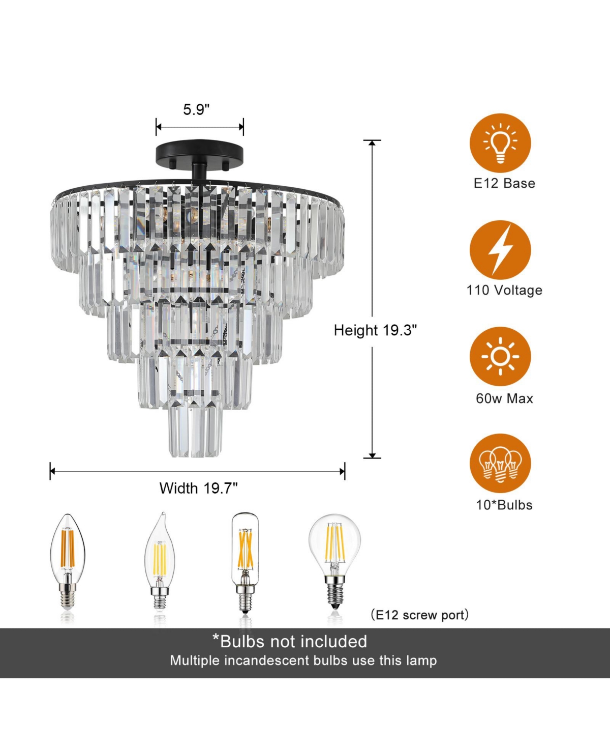 Clihome 20"Crystal Chandelier Ceiling Light, 10-Light Flush Mount Light Fixture (No Bulbs)