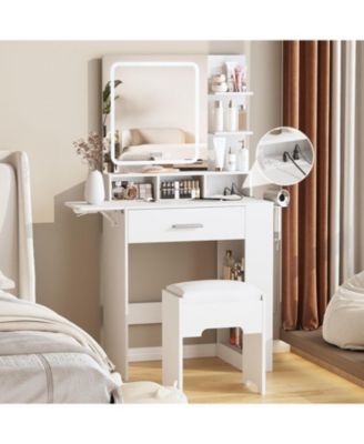 Small Vanity Desk with Lighted Mirror and Charging Station, Makeup Table with Drawer, Shelves and Stool