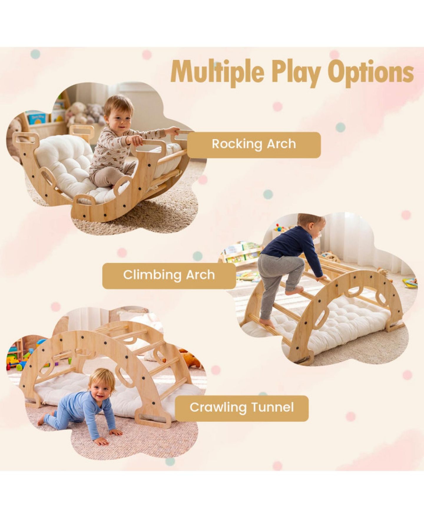 Детская игрушка SUGIFT 3-in-1 Wooden Rocking Climbing Arch with Removable Cushion, 32" x 19" x 15", 110 Lbs, Ages 1+, цвет: Натуральный — фото 6