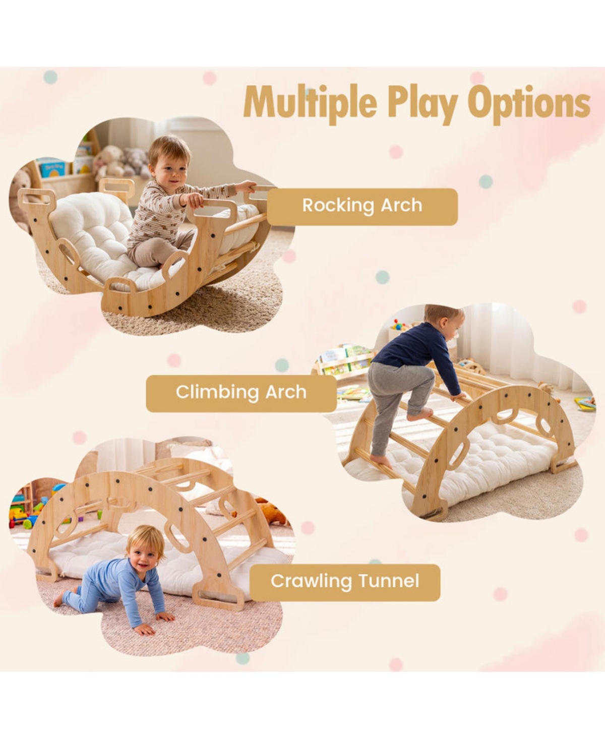 Sugift 3-in-1 Wooden Rocking Climbing Arch with Removable Cushion, 32" x 19" x 15", 110 Lbs, Ages 1+