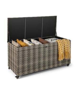 96-Gallon Wicker Deck Box on Wheels, Rolling Patio Cushion Storage
