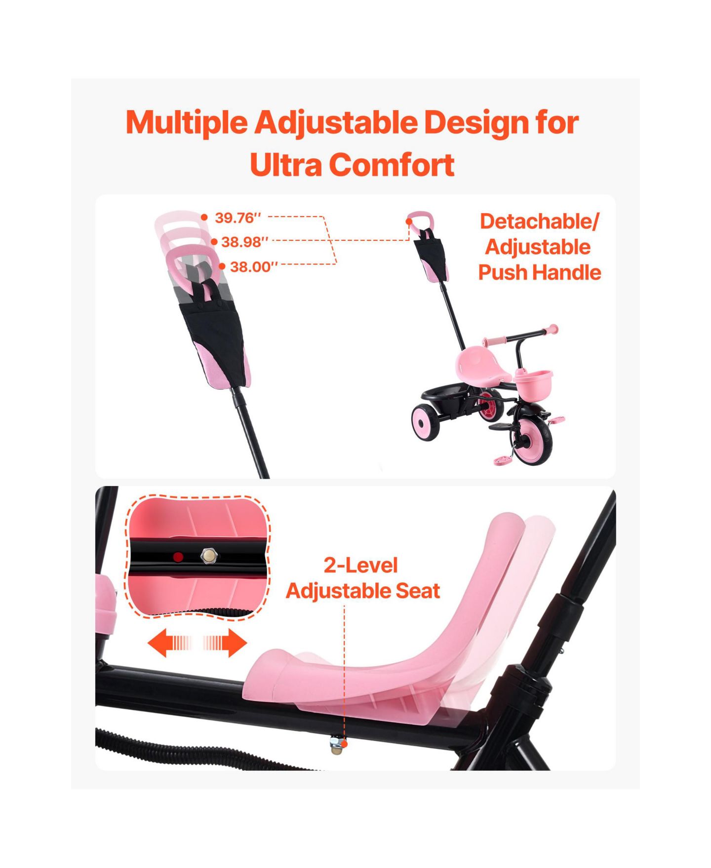 Детская игрушка SEVORLEY Toddler 2-in-1 Convertible Tricycle with Parent Push Handle, 55 lb. Capacity, Ages 1.5+, цвет: Розовый — фото 4