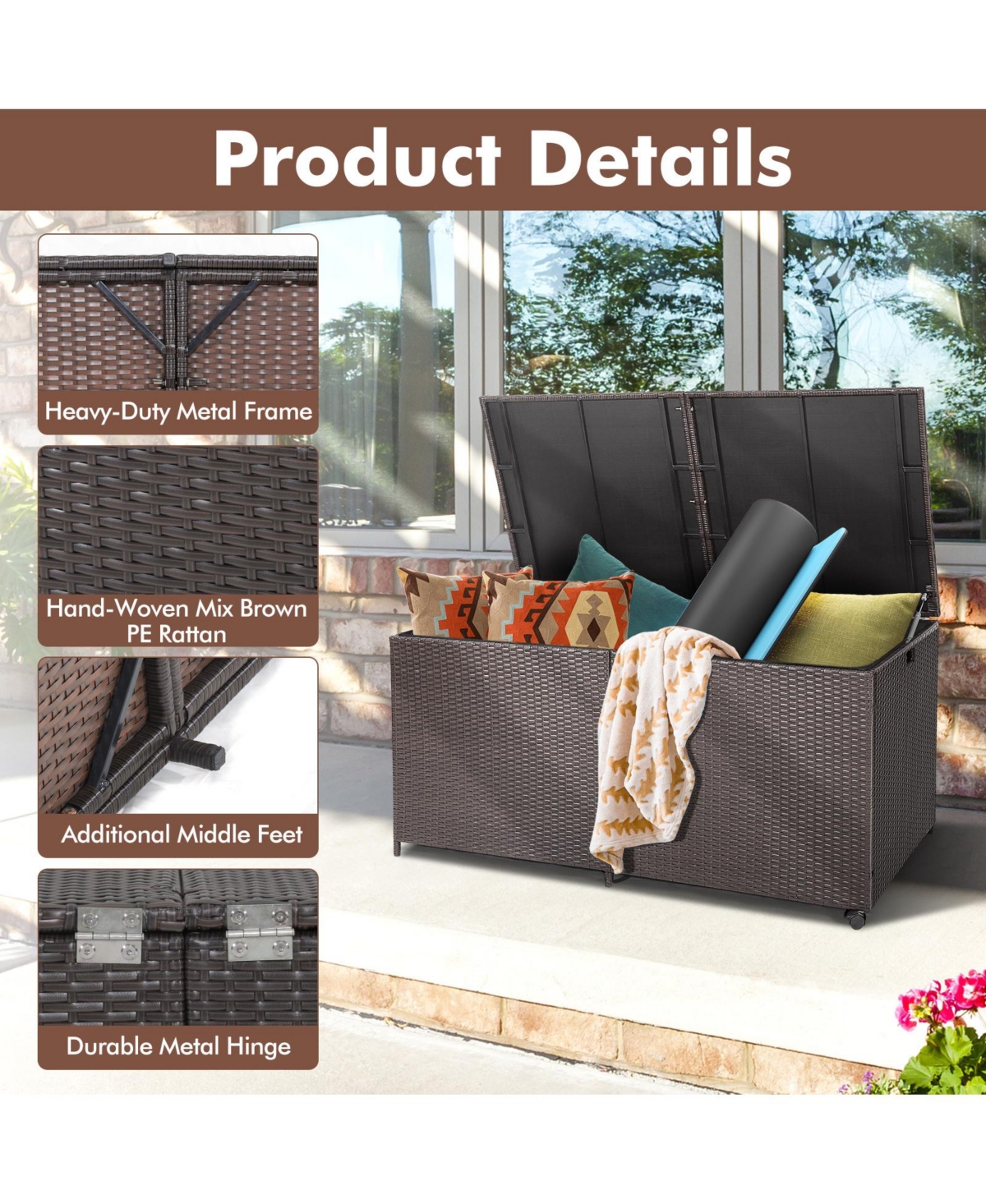 Mecale 175-Gallon Wicker Deck Box on Wheels with Zippered Liner