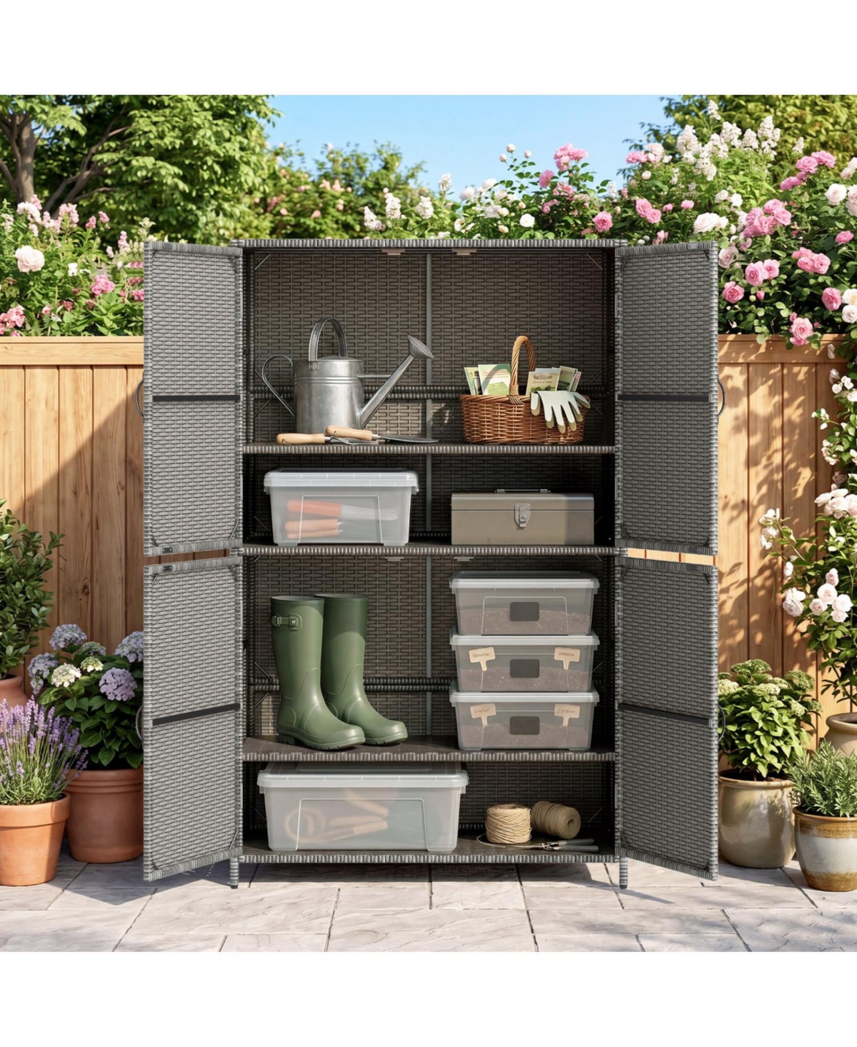 Mecale 4-Door Wicker Storage Cabinet, 58 in Vertical Shed with Shelves