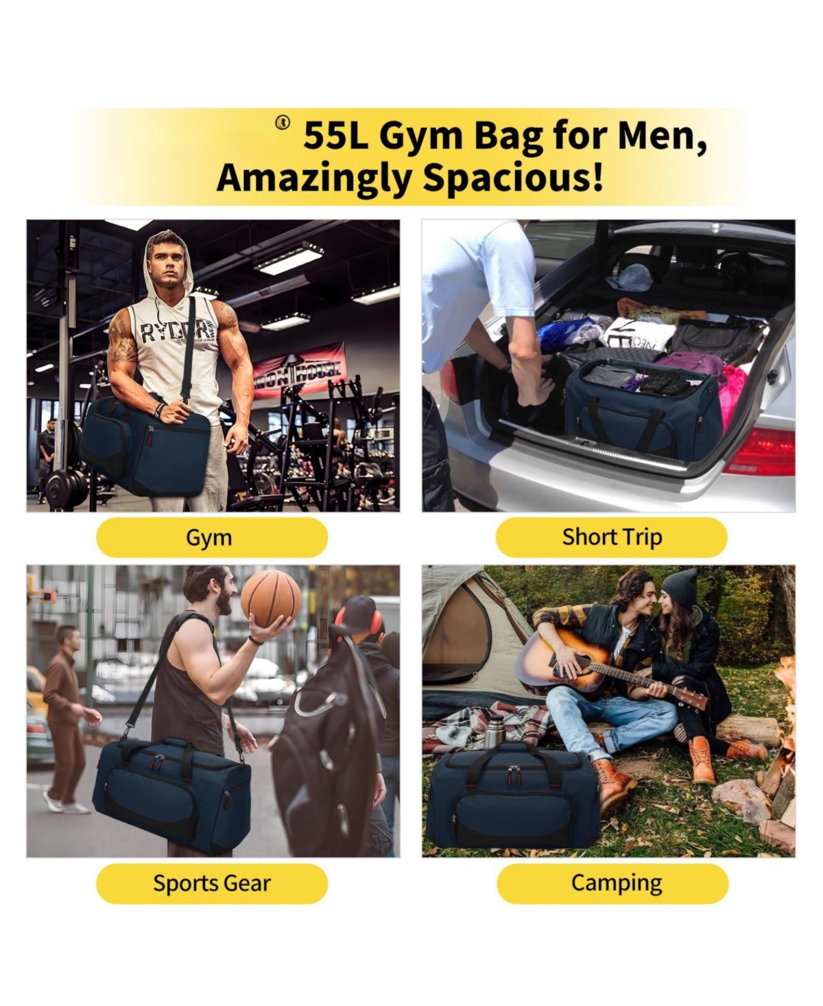 Aronkl 55L Large Heavy-Duty Sports Duffle Bag with Multi Compartments for Hiking, Camping Gear Storage and Intensive Outdoor Workout