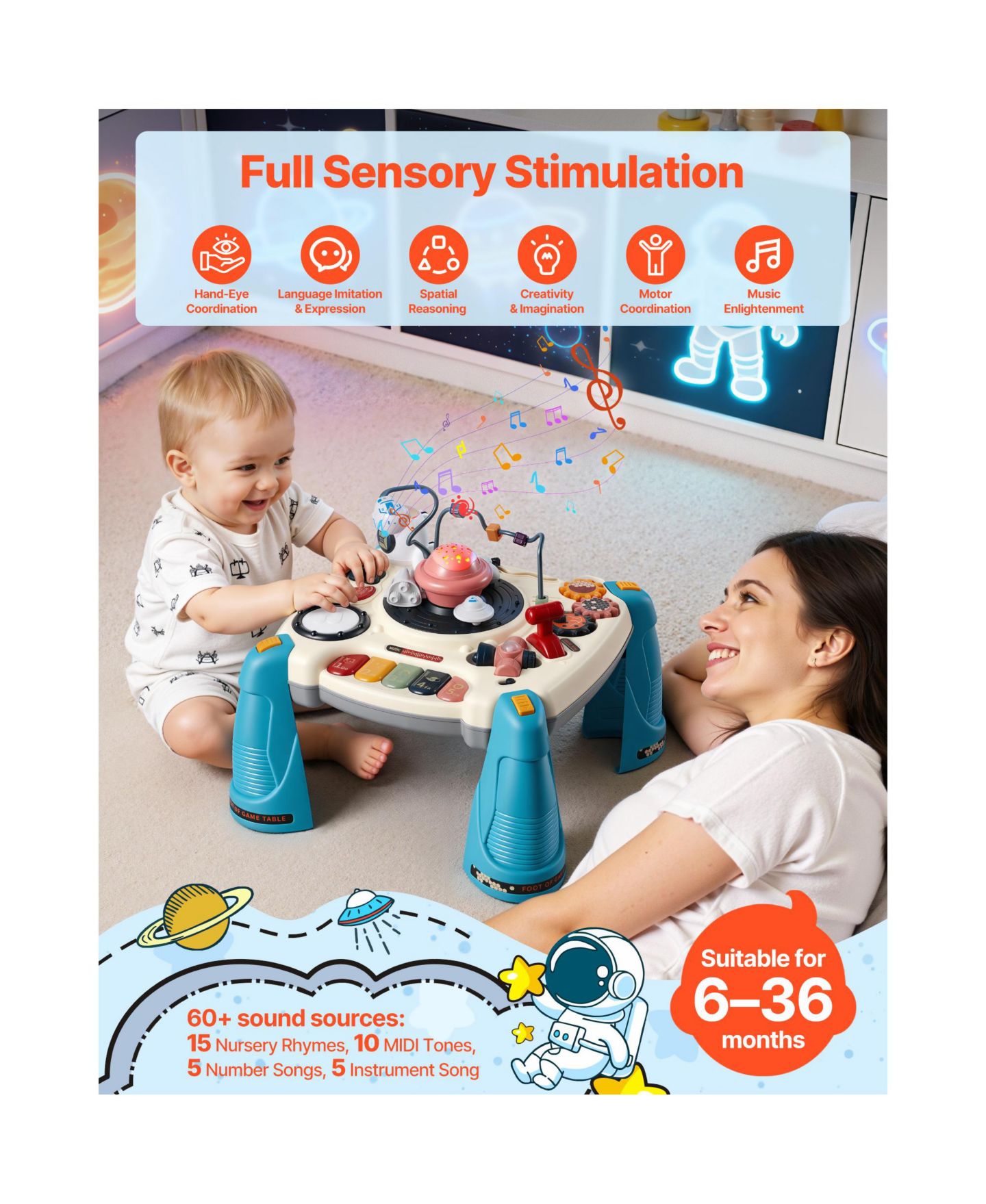 Детская игрушка SEVORLEY Baby Spacecraft Musical Activity Table, Ages 6+, цвет: Синий / Разноцветный — фото 6