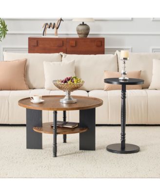 2-Piece Round Coffee Table and Side Table Set - 31.5" Retro Center Table with Open Storage Shelf and 15" Side Table for Living Room, Office