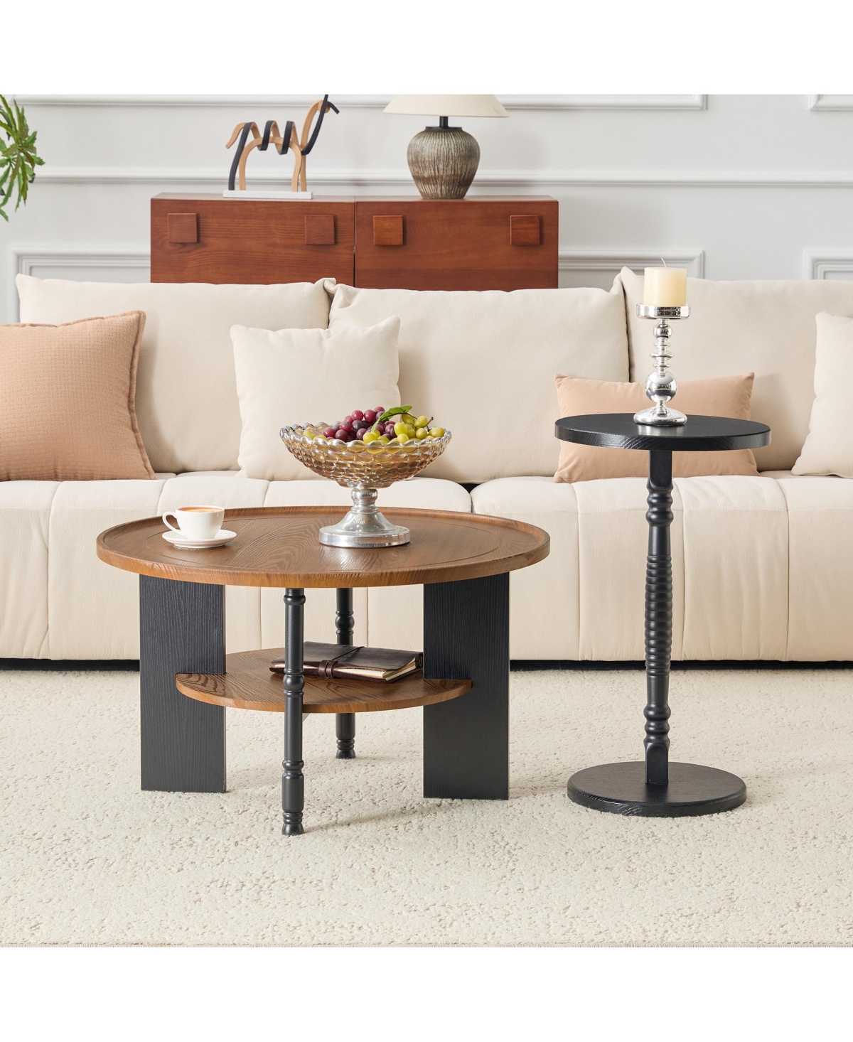 Rainsken 2-Piece Round Coffee Table and Side Table Set - 31.5" Retro Center Table with Open Storage Shelf and 15" Side Table for Living Room, Office