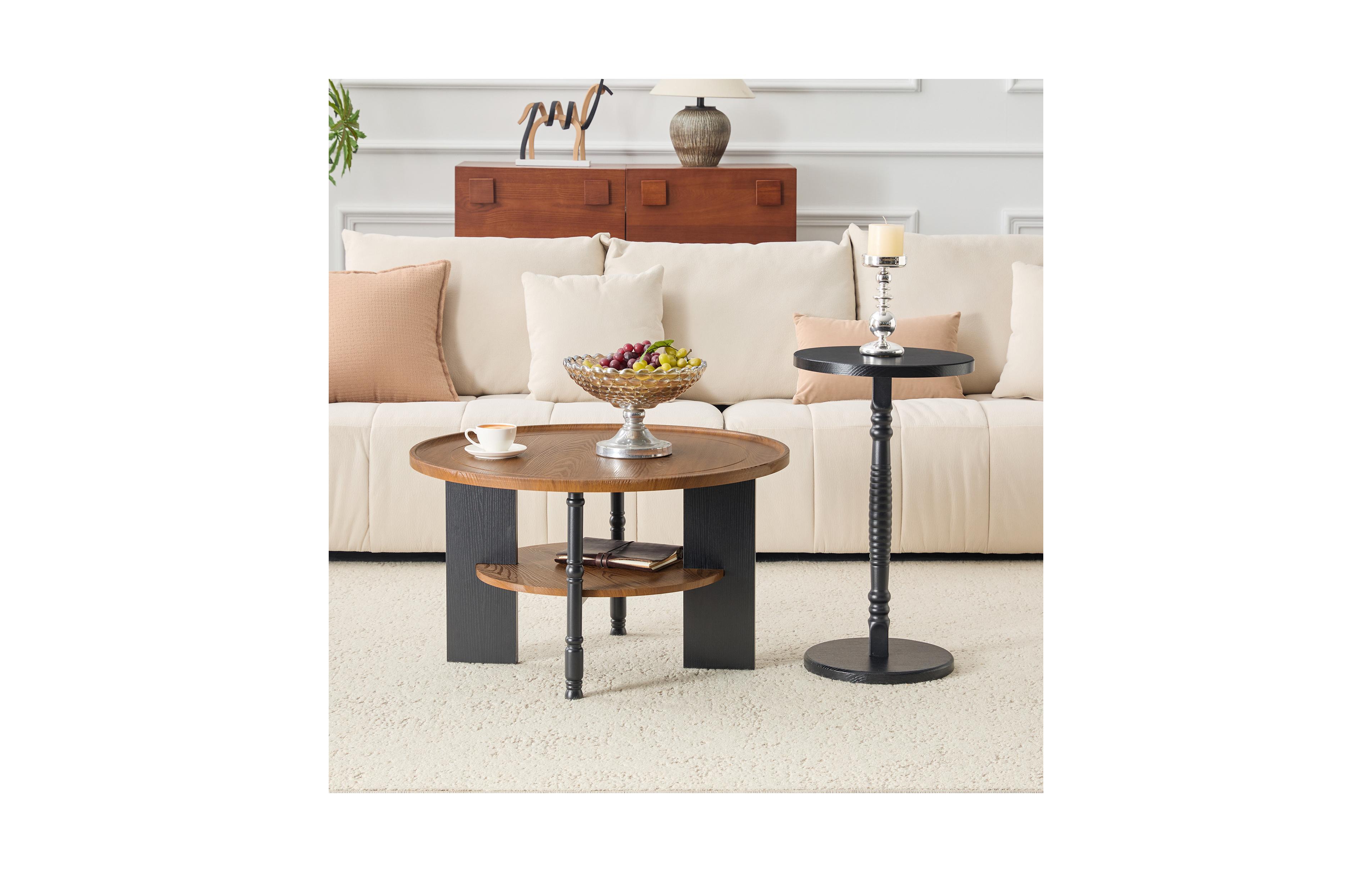 Rainsken 2-Piece Round Coffee Table and Side Table Set - 31.5" Retro Center Table with Open Storage Shelf and 15" Side Table for Living Room, Office