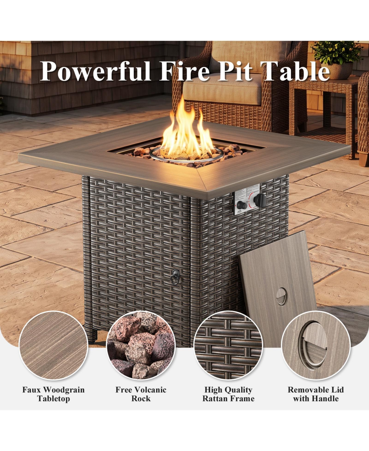 Pocassy 30" Outdoor Square Rattan Propane Gas Fire Pit Table for Outside