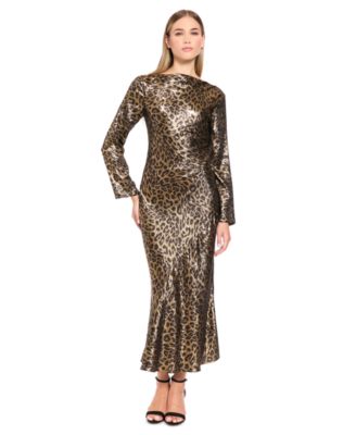 Women's Animal-Print Long-Sleeve Boat-Neck Midi Dress