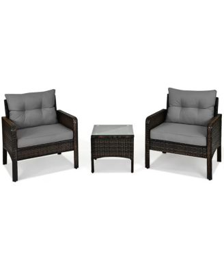 3-Piece Patio PE Wicker Furniture Set with Cushions and Glass Table