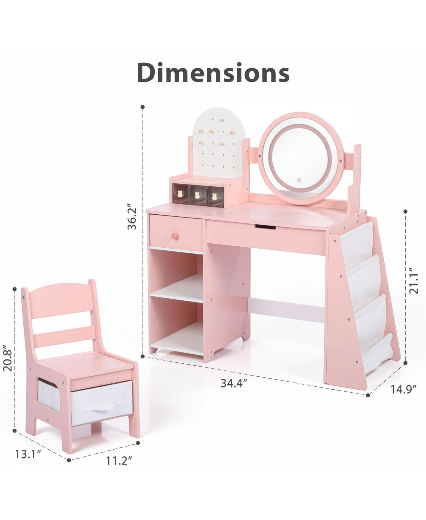 Детские игрушки Kinder King LED-Lighted Mirror Vanity Set with Storage Drawer and Stool, 2-Piece, Ages 3+, цвет: Пастельный розовый — фото 9