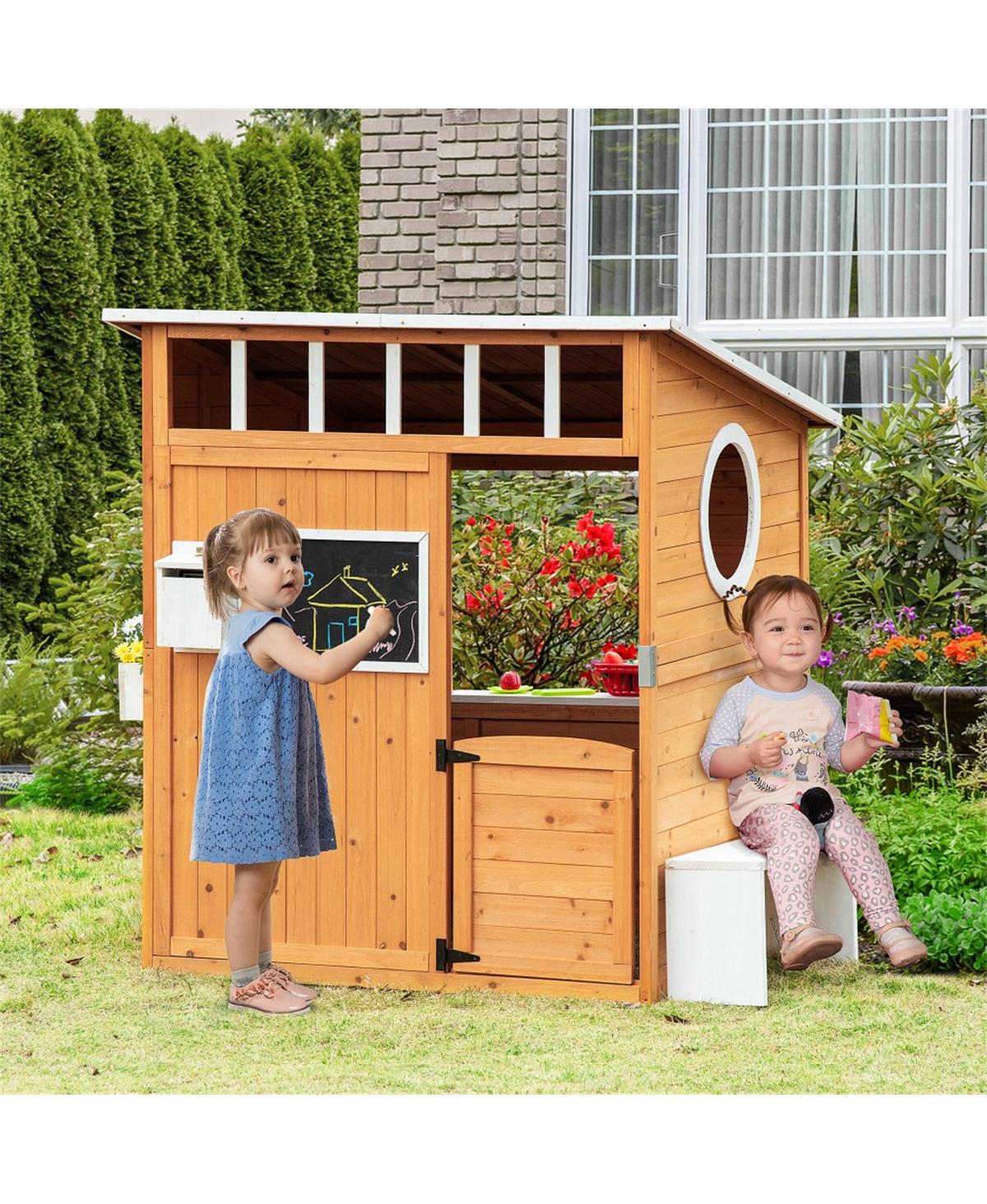 Yobtop Kids Outdoor Wooden Playhouse - Working Door and Windows, Mailbox, Bench, Flower Pot Holder, Blackboard, Solid Fir Wood, Ages 3-8, - Yellow bro