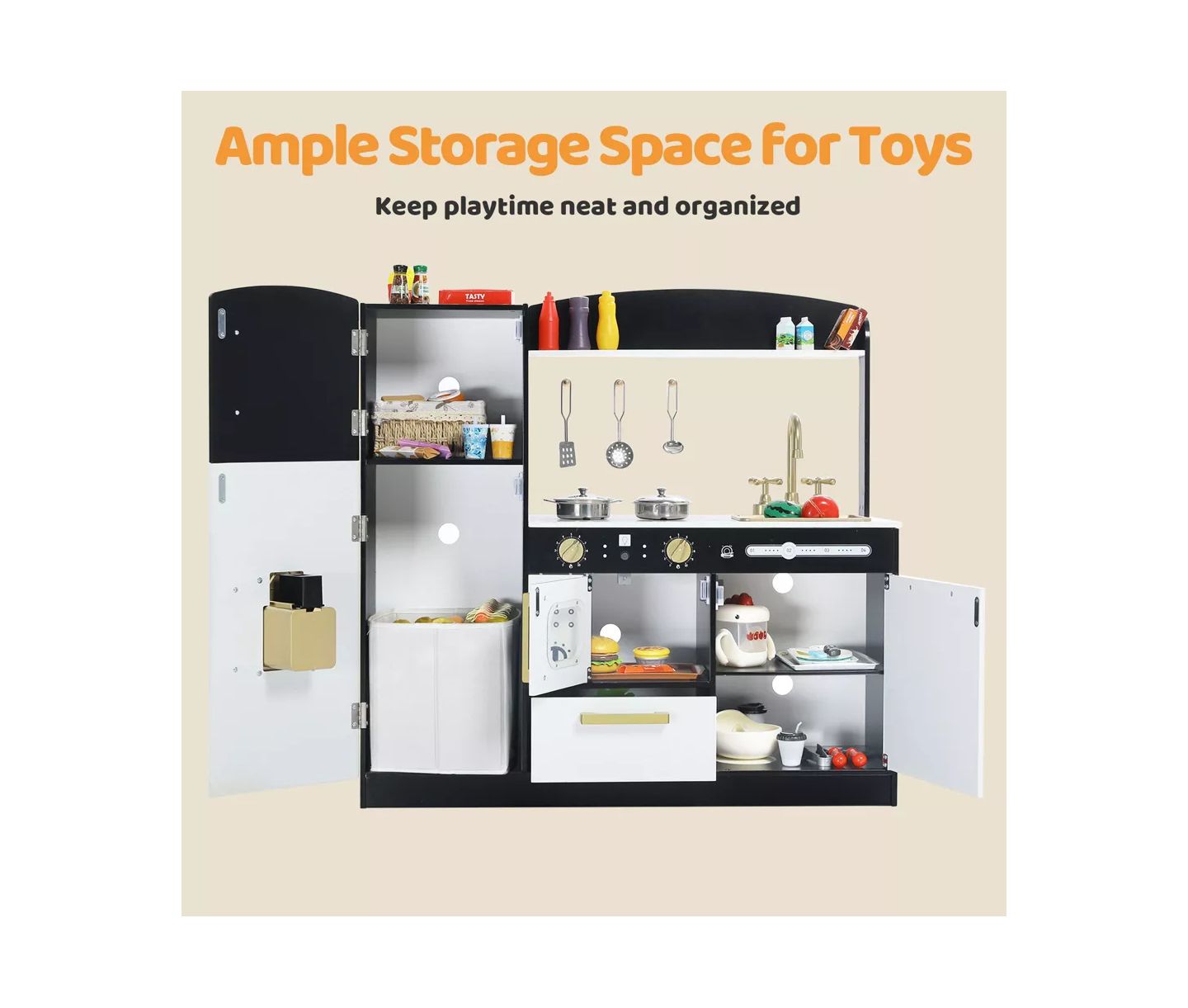 Детская игрушка Kinder King Wooden Pretend Play Kids Kitchen, Toy Kitchen Playset With Oven, Microwave for Boys Girls Age 3+, цвет: Тёмный серый — фото 9