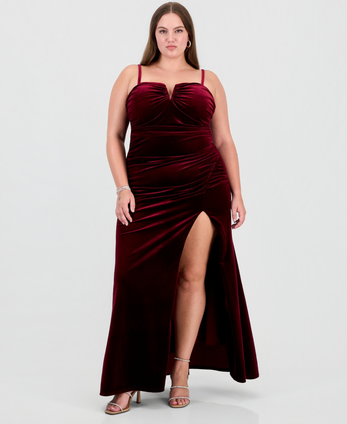 City Studios Plus Size Velvet Ruched Sweetheart Neckline Gown - CABERNET