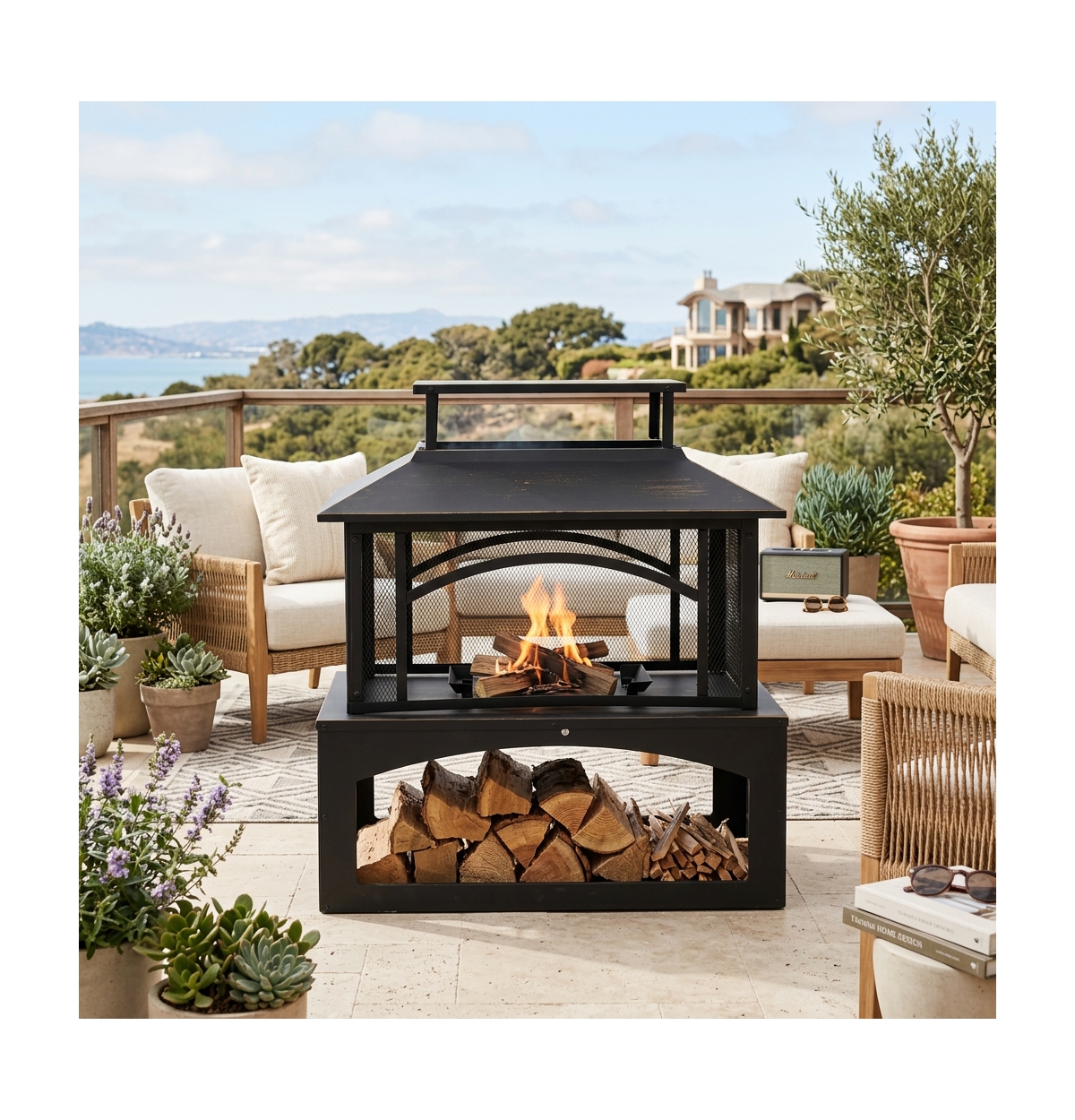 Aoxun 2-in-1 Outdoor Fire Pit Table with Hidden Log Storage, Steel Patio Heater for Backyard Porch