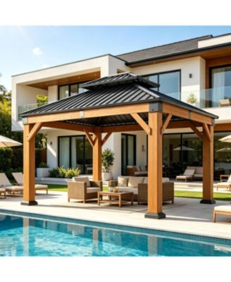 10'x12' Cedar Wood Hardtop Gazebo, Outdoor Pavilion with Galvanized Steel Double Roof for Patio Garden