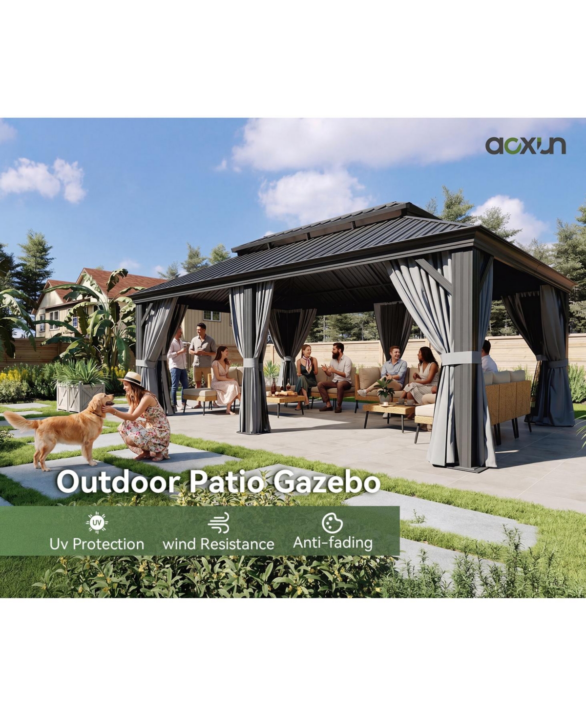 Aoxun Aluminum Hardtop Gazebo, Double Steel Roof Pavilion with Drainage System and Netting