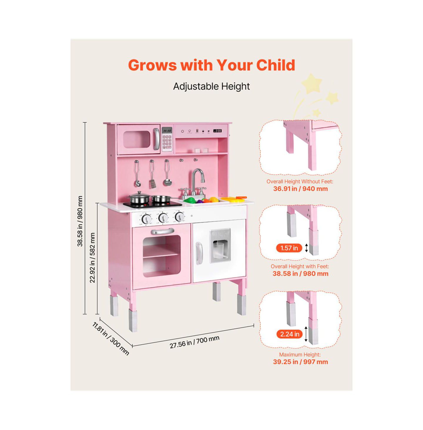 Детская игрушка YOBTOP Wooden Play Kitchen with Interactive Lights, Sounds & Accessories, Ages 3+, цвет: Розовый — фото 3