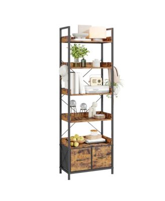 6-Tier Narrow Industrial Bookshelf with Fabric Drawer and 4 Hooks, Vintage Wood Metal Bookcase with Back Guard for Home Storage