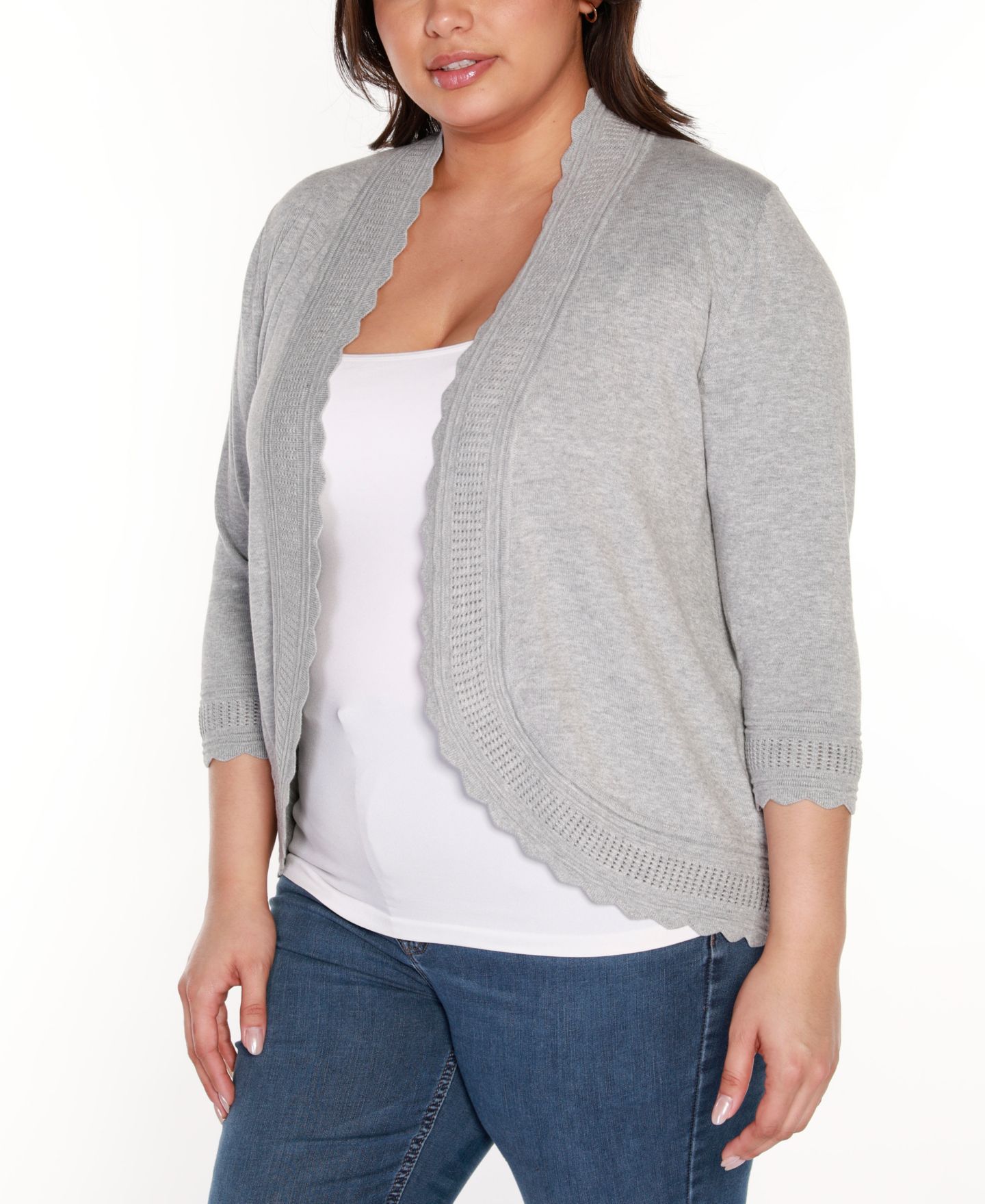 Женский кардиган Belldini Plus Size 3/4-Sleeve Scalloped-Edge, цвет: Меланжевый серый — фото 2