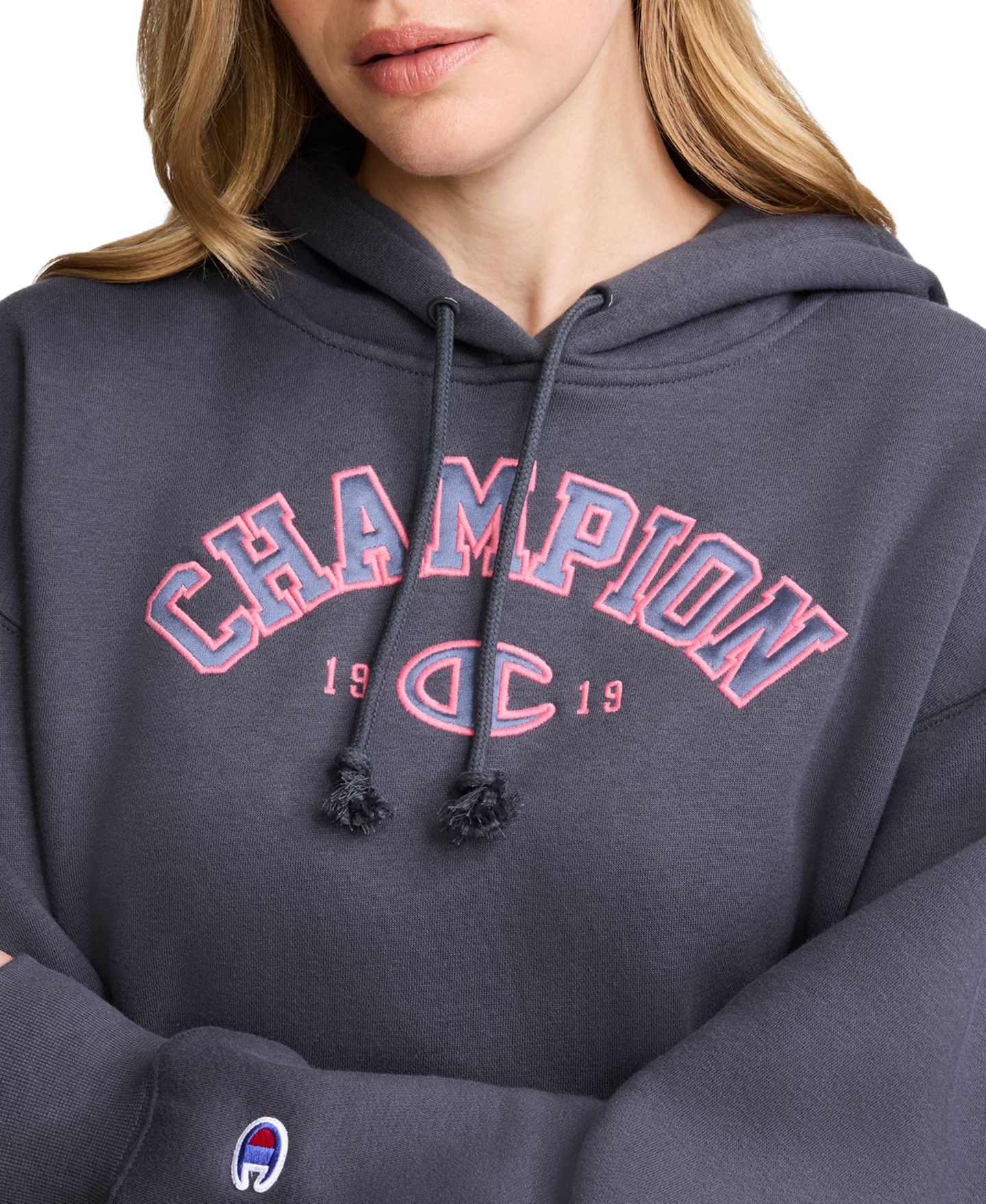 Женское худи Champion Fleece Long-Sleeve Satin Applique, цвет: Стальной — фото 4
