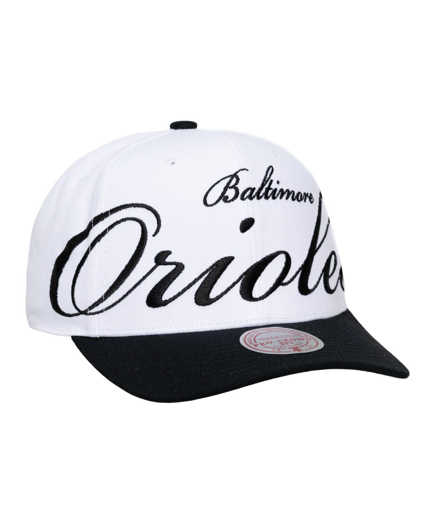 Кепка Mitchell & Ness White/Black Baltimore Orioles XL Script Pro Crown Adjustable Hat — фото 1