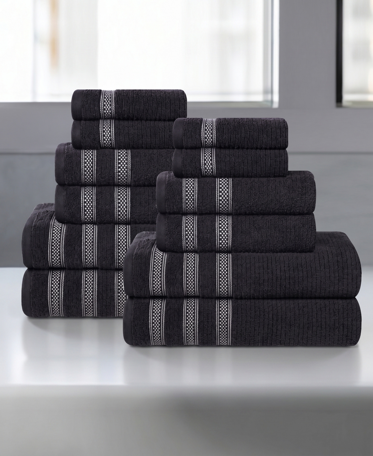 Superior Brea Zero Twist Cotton Ribbed Geometric Border Plush Soft Absorbent -Piece Towel Set