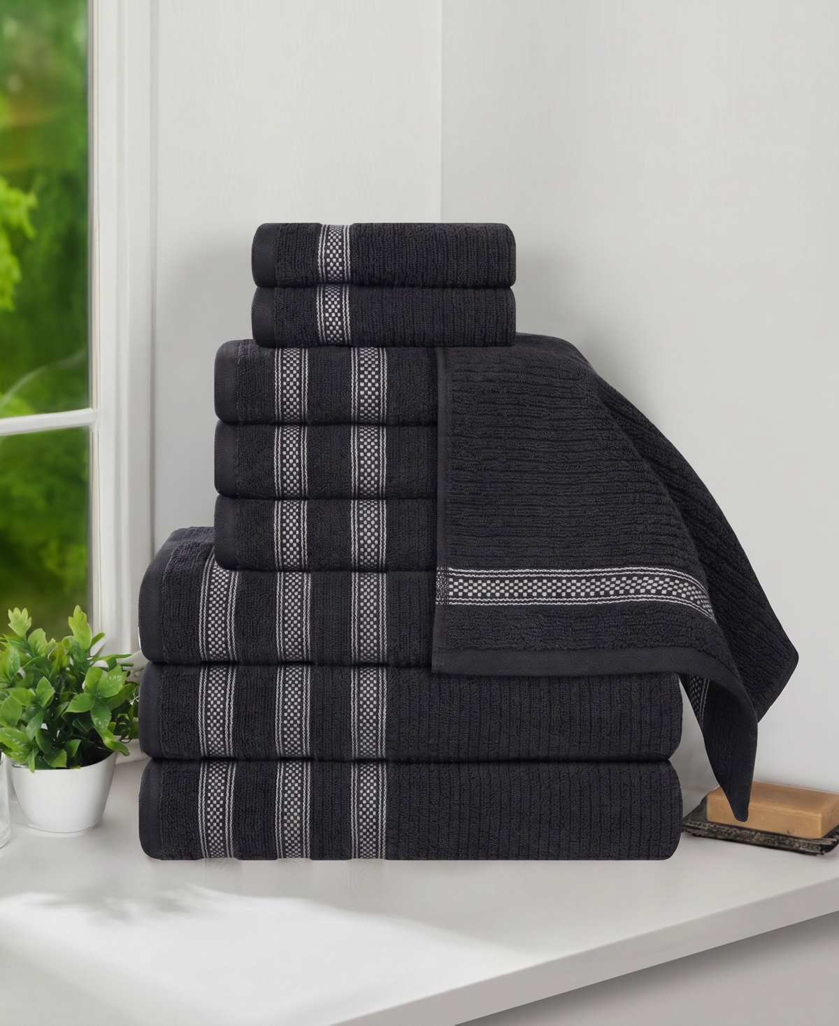 Superior Brea Zero Twist Cotton Ribbed Geometric Border Plush Soft Absorbent -Piece Towel Set