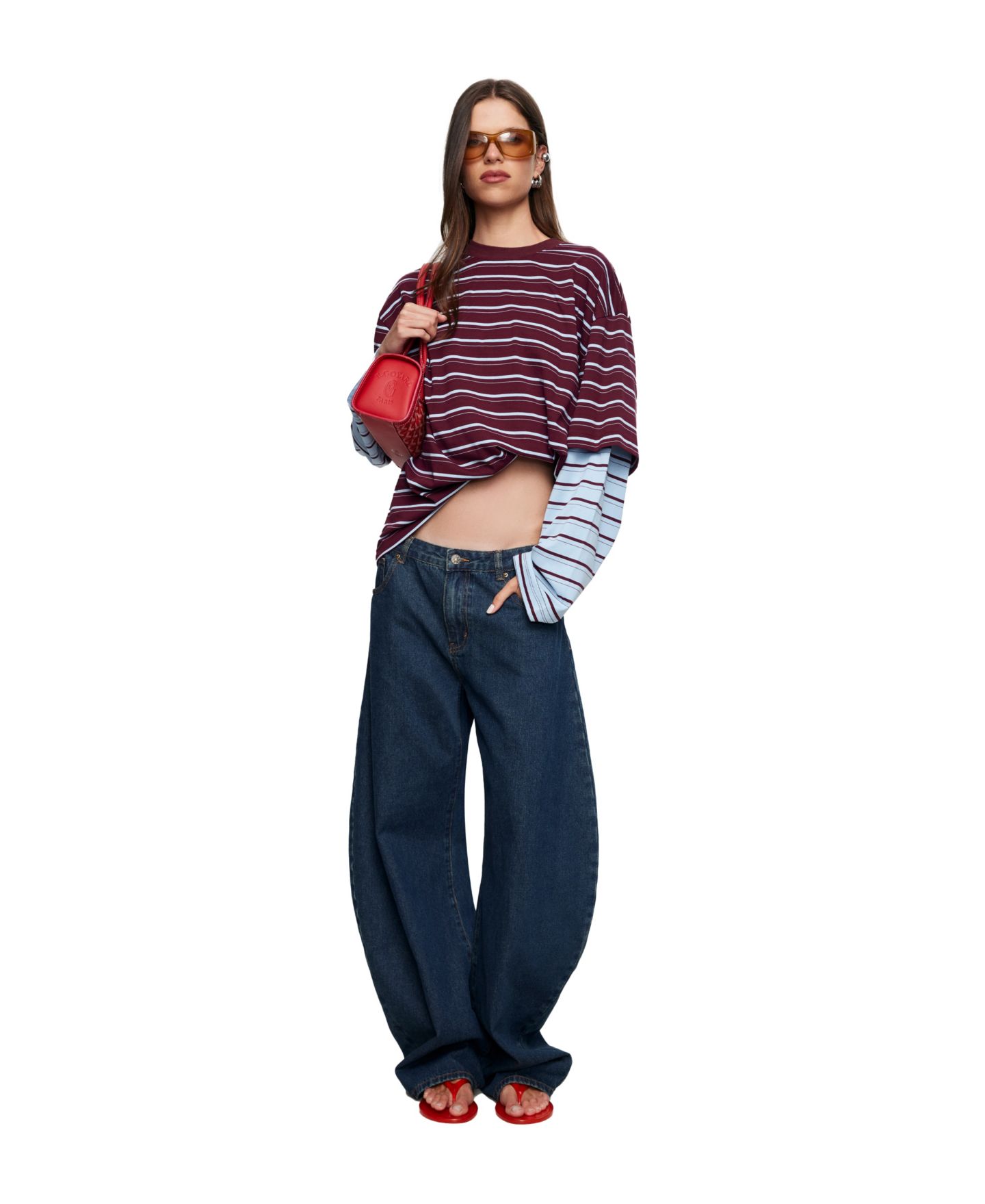 Женская футболка Lioness Striped Bottega Oversized Long-Sleeve Cotton-Blend, цвет: Бордовый небесно-голубой полосатый — фото 2
