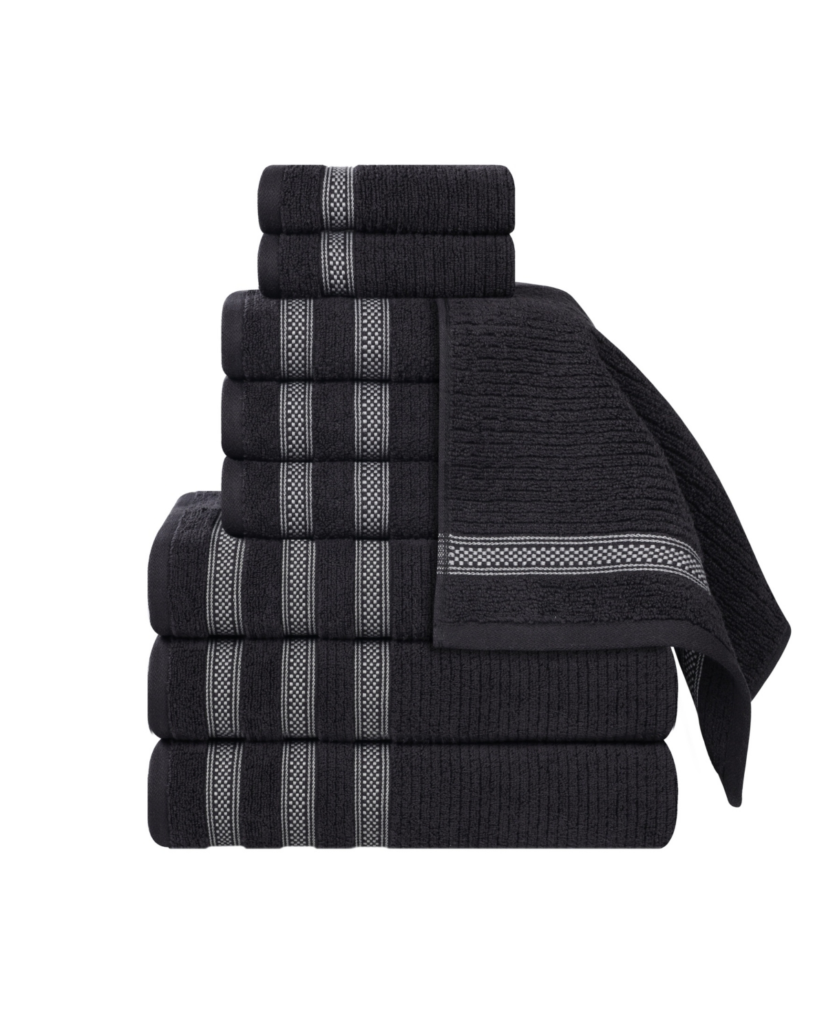 Superior Brea Zero Twist Cotton Ribbed Geometric Border Plush Soft Absorbent -Piece Towel Set