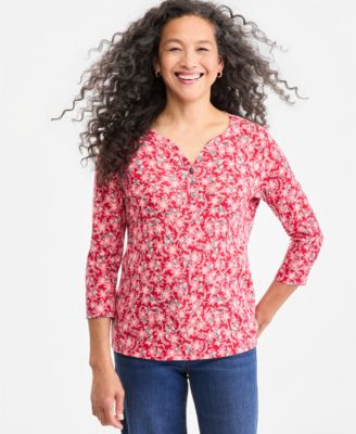 Style & Co Women's Printed 3/4-Sleeve Henley Top