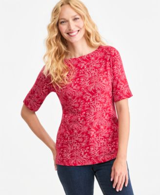 Printed Women's Boat-Neck Elbow-Sleeve Top