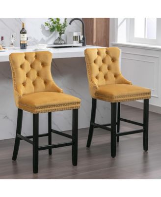 Velvet Upholstered Bar Stools Set of 2 - Button Tufted Decoration, Nailhead Trim and Wooden Legs, Counter Height Chairs for Home Pub
