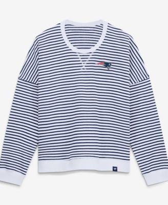 Women's White/Navy New England Patriots Striped Oversized French Terry Sweatshirt