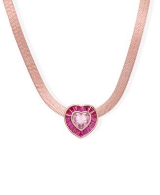 Simulated Pink Sapphire and Pink Cubic Zirconia Heart on Herringbone Necklace