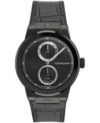 Men's Black IP Leather Strap Watch 43mm