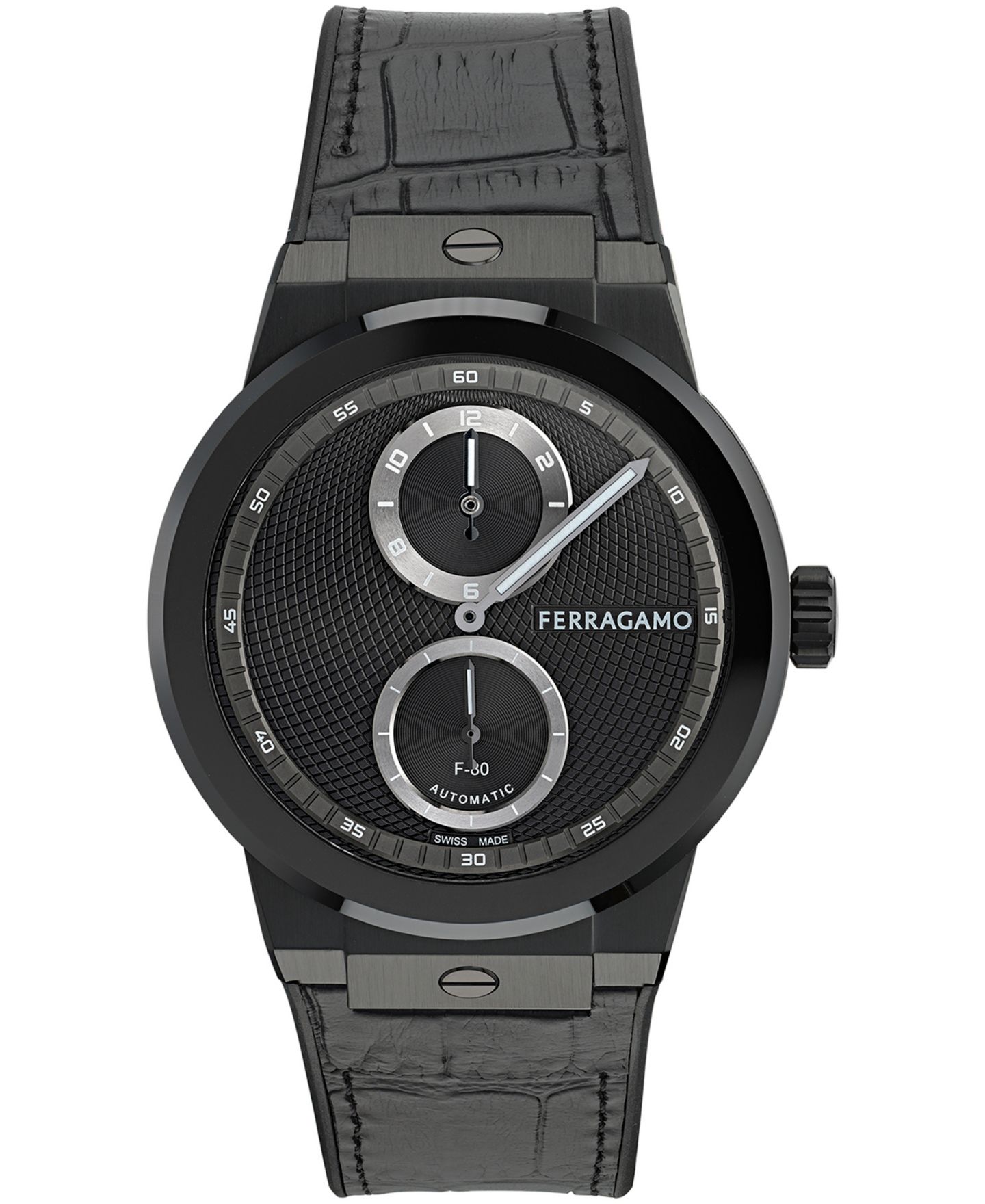 Мужские часы Ferragamo Black IP Leather Strap Watch 43mm — фото 1