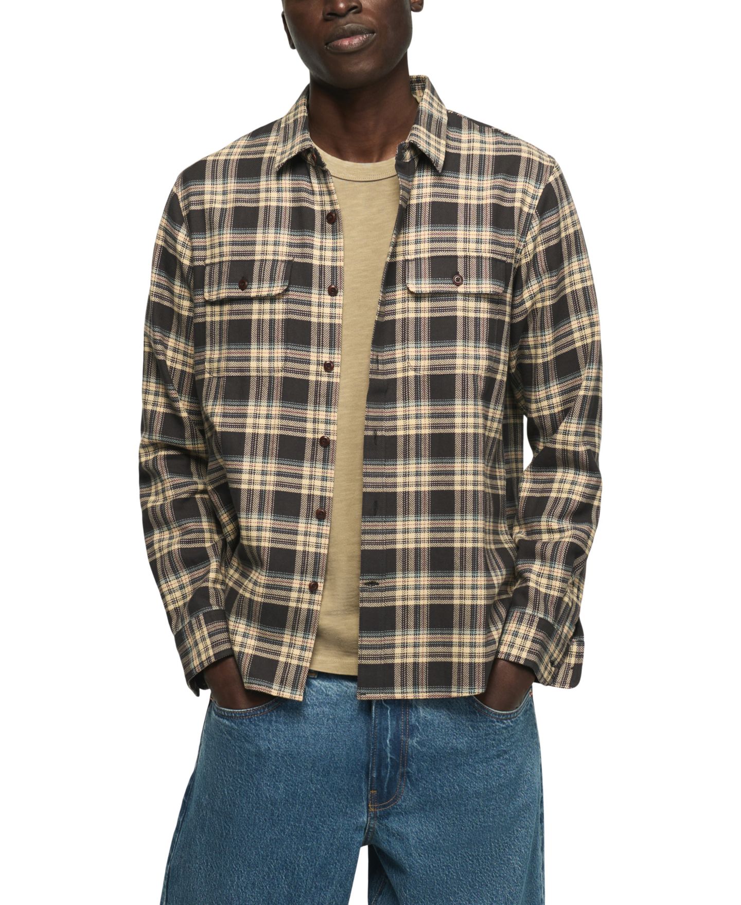 Мужская рубашка Lucky Brand Humboldt Herringbone Plaid, цвет: Чёрный разноцветный клетчатый — фото 1