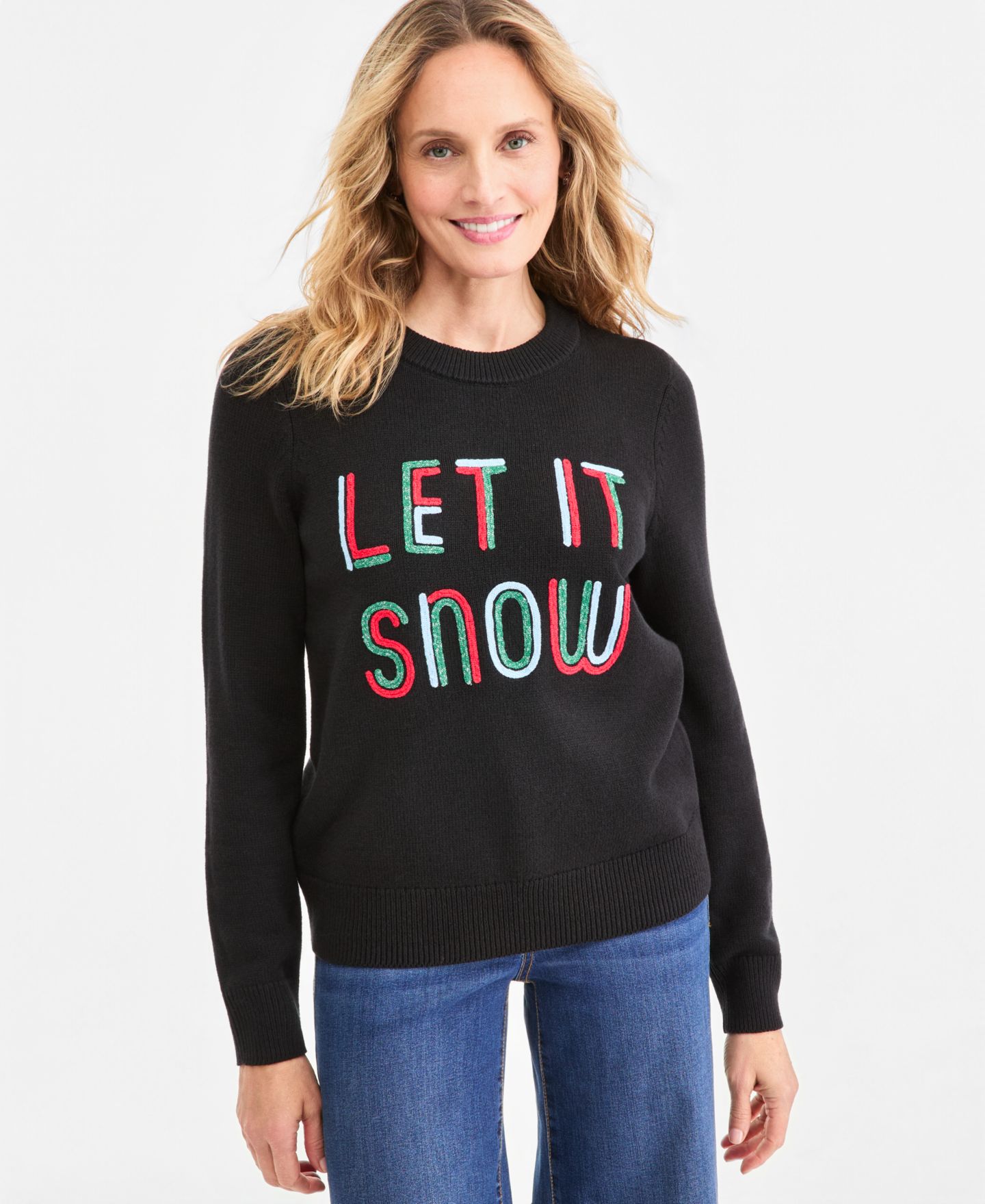 Женский свитер Style & Co Holiday Crewneck Long-Sleeve, цвет: Глубокий чёрный — фото 1