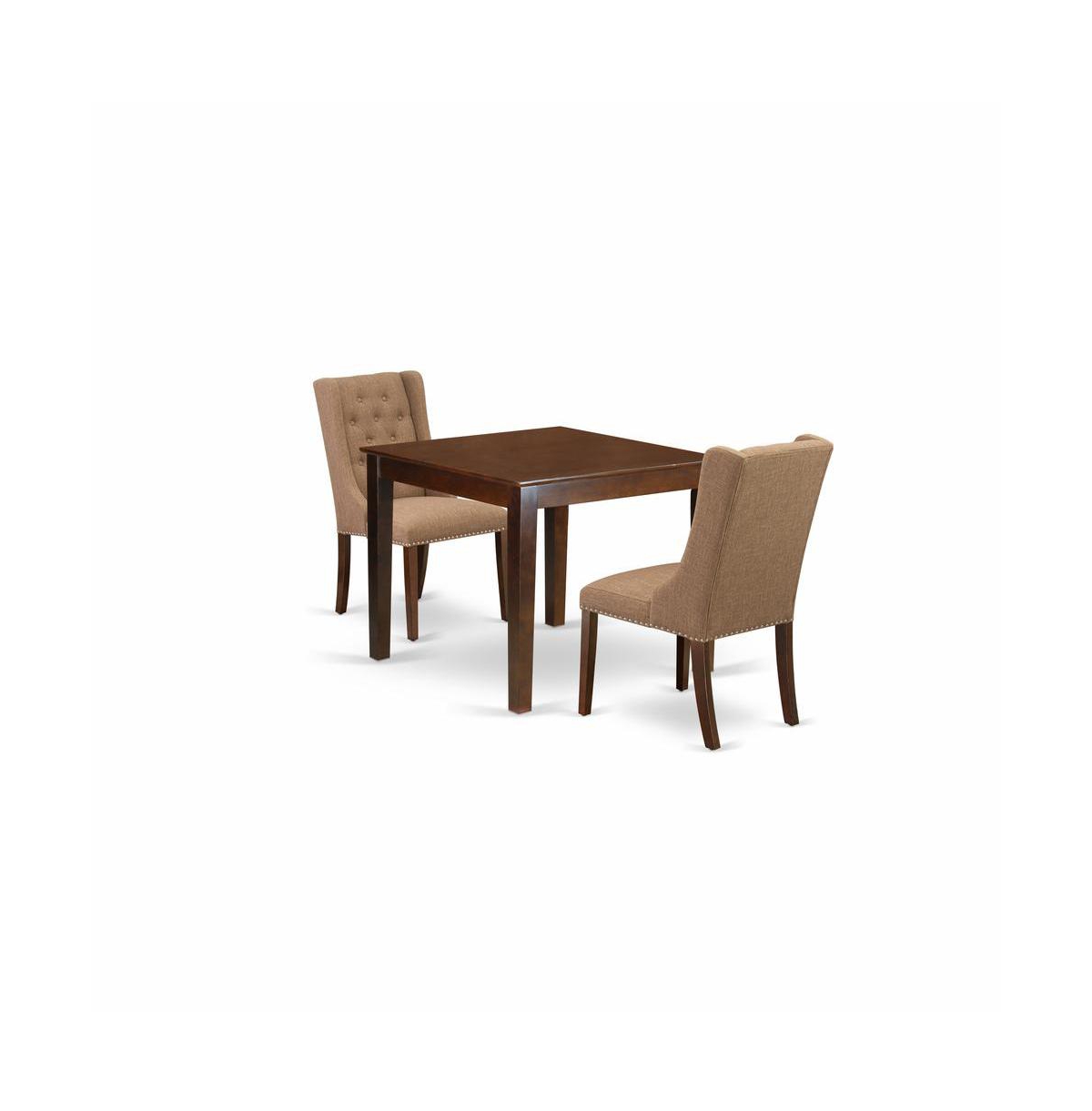 East West Furniture 3 Piece Dinette Room Set Includes 1 Modern Kitchen Table and 2 Light Sable Linen Fabric Upholstered Dining Chairs - Mahogany