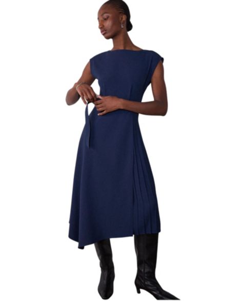 Женское платье Whistles Pleat Detail Asymmetric Boat Neck Midi, цвет: Тёмно-синий