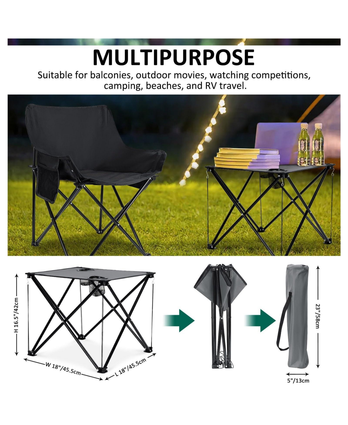 Piscifun 2 Pack Oversized Folding Camping Chairs and Table Portable Outdoor Patio Travel Set