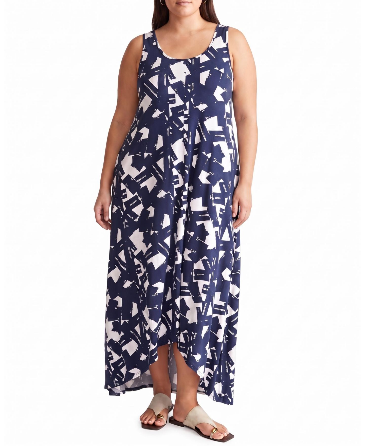 Женское платье Universal Standard Plus Size Athena Divine Sleeveless A-Line Hi-Low Hemline, цвет: Тёмно-синий с принтом — фото 1